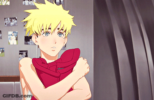 Blonde Boy With Blue Eyes Holding Red Jacket GIF