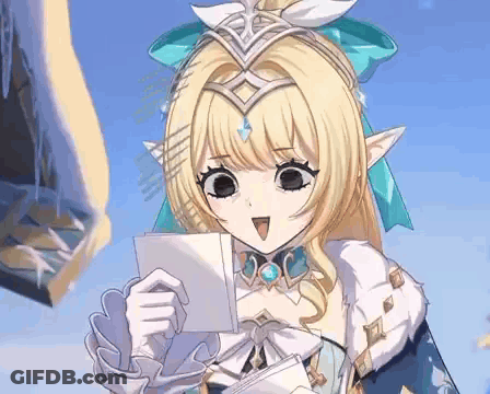 Blonde Girl Holding Paper Smiling GIF