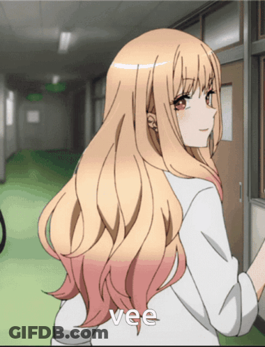 Blonde Girl In Hallway With Word Vee GIF