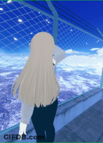Blonde Girl Looking Over Ocean At Fence GIF