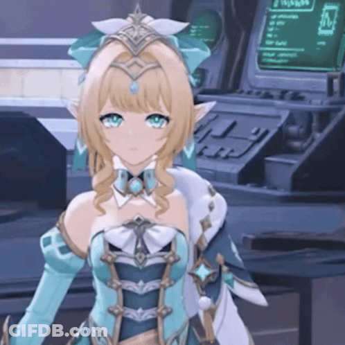 Blonde Girl Standing In Front Of Computer Monitor Saying N GIF
