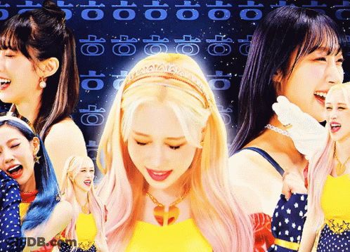 Blonde Girl Surrounded By Girls With Chinese Writing GIF