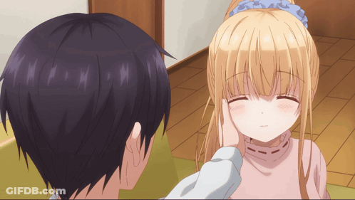 Blonde Girl Touched By Man With Black Hair GIF