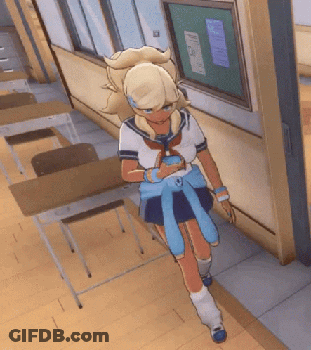 Blonde Girl Walking Down Classroom Hallway GIF