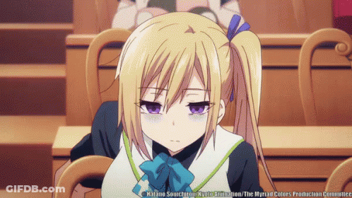 Blonde Girl With Purple Eyes In Classroom Saying The Myriad Colors Production Committee GIF