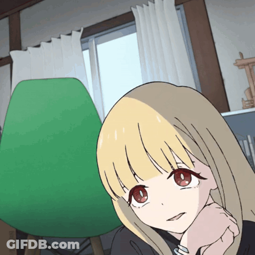 Blonde Hair Red Eyes Girl In Front Of Green Chair GIF