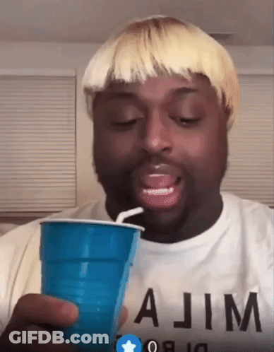 Blonde Man Drinking From Blue Plastic Cup With Straw GIF