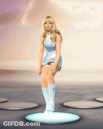 Blonde Woman In Blue Dress And White Boots GIF