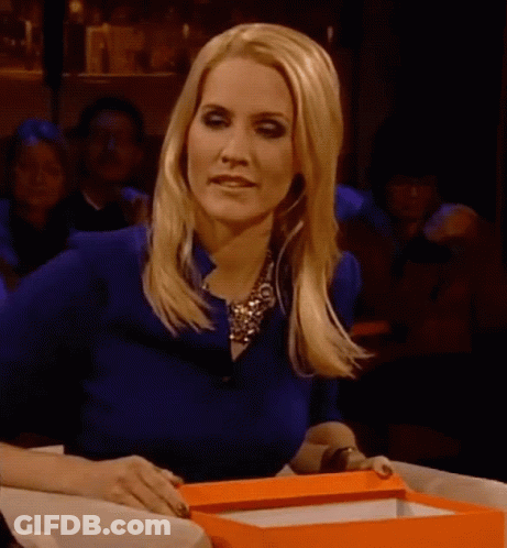 Blonde Woman In Blue Shirt And Necklace GIF
