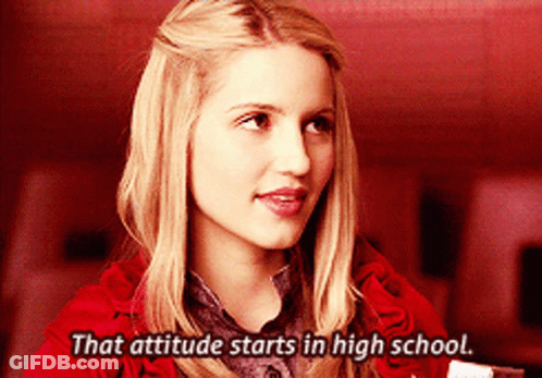 Blonde Woman In Red Coat Says Attitude Starts In High School GIF