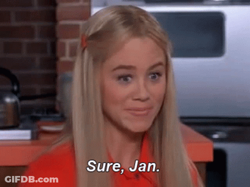 Blonde Woman In Red Shirt Saying Sure Jan GIF