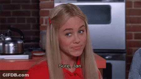 Blonde Woman In Red Shirt Saying Sure Jan GIF