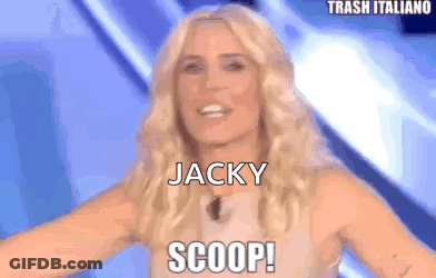 Blonde Woman Saying Jacky Scoop Blue Background GIF