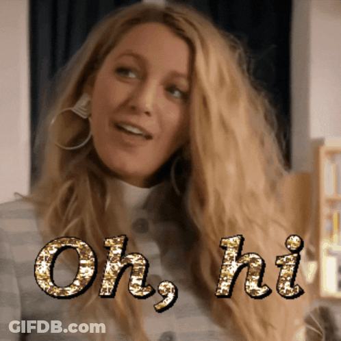 Blonde Woman Saying Oh Hi In Gold Glitter GIF