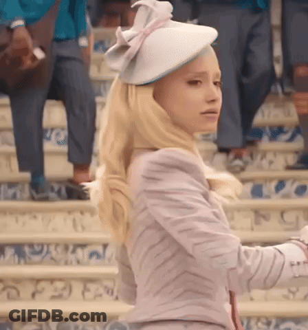 Blonde Woman White Hat Pink Dress On Stairs GIF