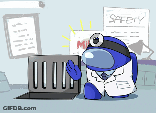 Blue Among Us Character In Front Of Safety Sign GIF