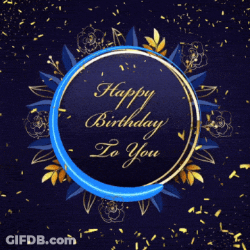 Blue And Gold Happy Birthday Card With Flowers And Confetti GIF