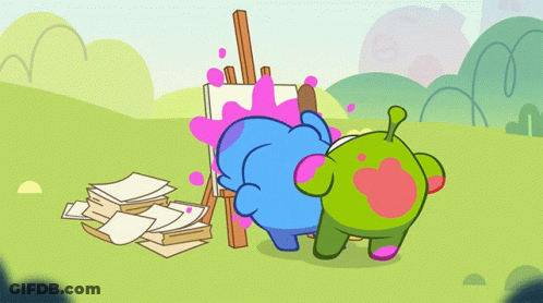 Blue And Green Cartoon Character Painting On Easel GIF