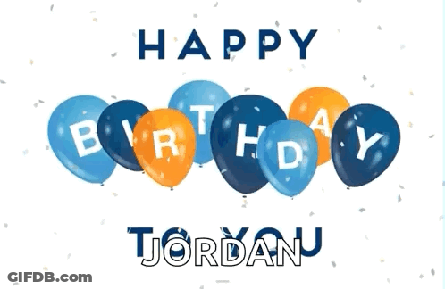 Blue And Orange Balloons With The Words Happy Birthday Jordan GIF
