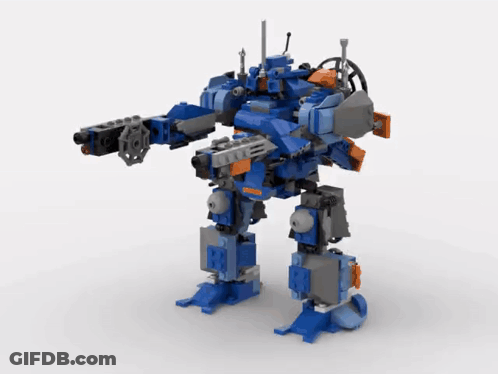 Blue And Orange Lego Robot With Gun GIF
