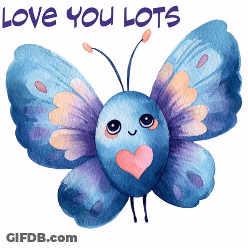 Blue And Purple Butterfly With Pink Heart Saying Love You Lots GIF