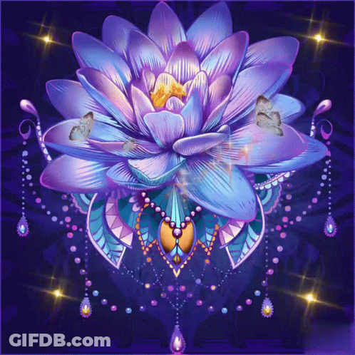 Blue And Purple Flower With Butterflies GIF