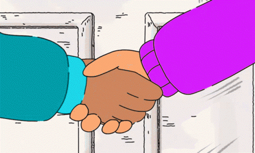 Blue And Purple Sleeves Interracial Shaking Hands GIF