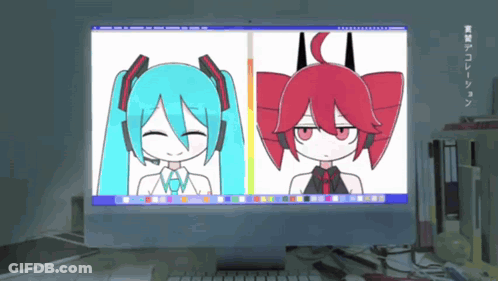 Blue And Red Anime Girl On Computer Screen GIF