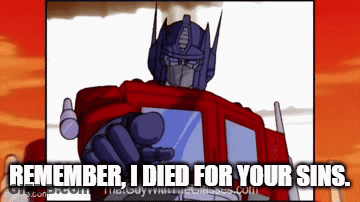 Blue And Red Robot Flying Through Cloudy Sky GIF