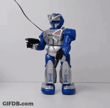 Blue And Silver Robot Holding Remote Control And Gun GIF