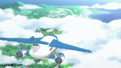 Blue And White Airplane Flying Over Green Landscape GIF