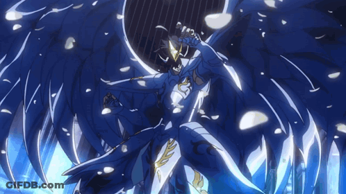 Blue And White Anime Character With Wings And Feathers GIF