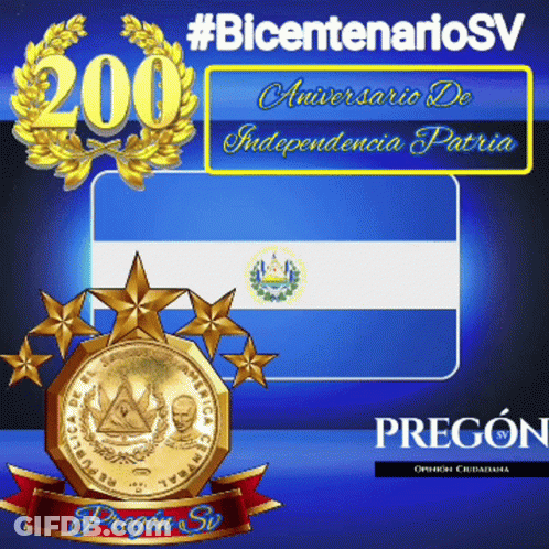 Blue And White Flag With Gold Coin Saying Pregon Sv GIF