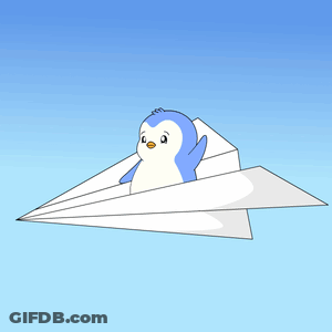 Blue And White Penguin Flying Paper Airplane GIF