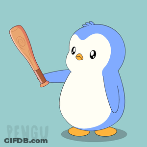 Blue And White Penguin Holding Baseball Bat Saying Pengu GIF