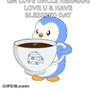 Blue And White Penguin Holding Coffee Cup With Igloo GIF