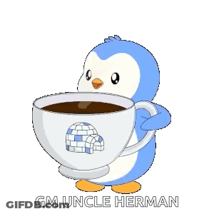 Blue And White Penguin Holding Coffee Cup With Igloo GIF