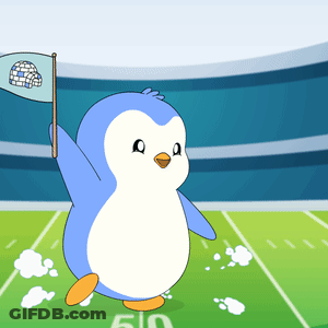 Blue And White Penguin Holding Flag With Igloo GIF