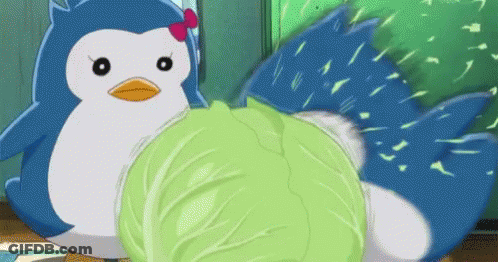 Blue And White Penguin Holding Green Cabbage GIF