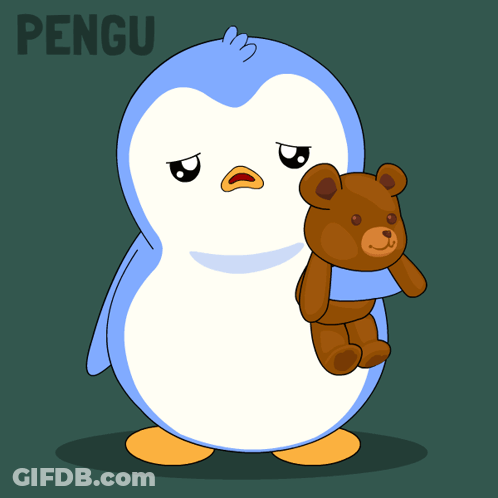 Blue And White Penguin Holding Teddy Bear GIF