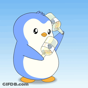 Blue And White Penguin Holding Two Bottles GIF