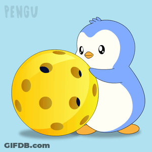 Blue And White Penguin Holding Yellow Ball With Word Pengu GIF