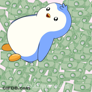 Blue And White Penguin Laying On Pile Of Green Money GIF