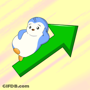 Blue And White Penguin Sitting On Green Up Arrow GIF
