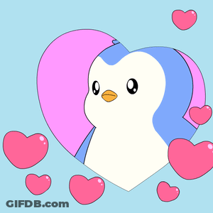Blue And White Penguin Surrounded By Pink Hearts GIF