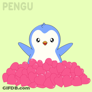 Blue And White Penguin Surrounded By Pink Hearts Saying Pengu GIF