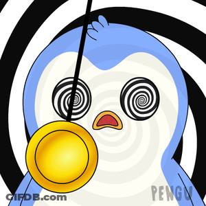 Blue And White Penguin With Hypnotic Eyes Holding Gold Coin GIF