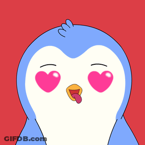 Blue And White Penguin With Pink Heart Eyes Sticking Tongue Out GIF