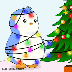 Blue And White Penguin Wrapped In Christmas Lights GIF