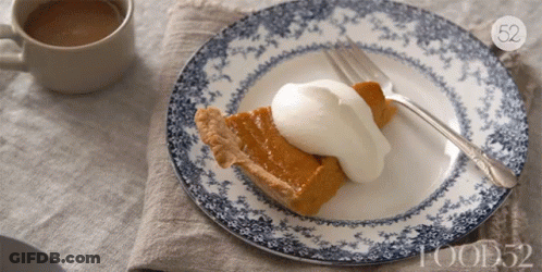 Blue And White Plate With Pumpkin Pie And Whipped Cream GIF